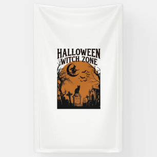 Halloween Witch Zone Black Cat Graveyard Bats Moon Banner