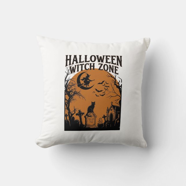 Halloween Witch Zone Black Cat Graveyard Bats Moon Cushion (Front)
