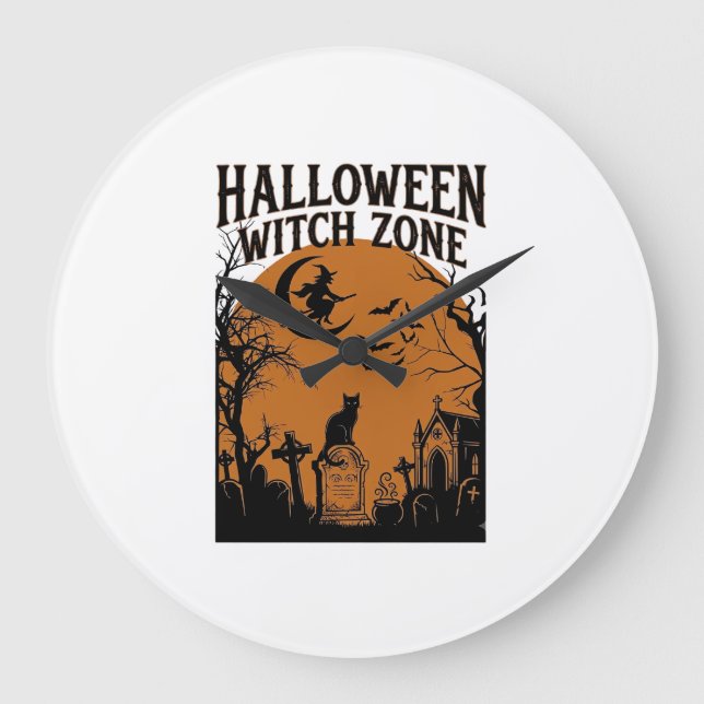 Halloween Witch Zone Black Cat Graveyard Bats Moon Large Clock (Front)