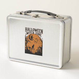 Halloween Witch Zone Black Cat Graveyard Bats Moon Metal Lunch Box