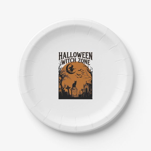 Halloween Witch Zone Black Cat Graveyard Bats Moon Paper Plate (Front)