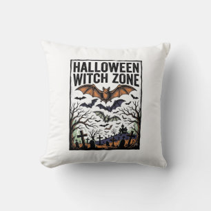 Halloween Witch Zone Vintage Graveyard Bats Design Cushion