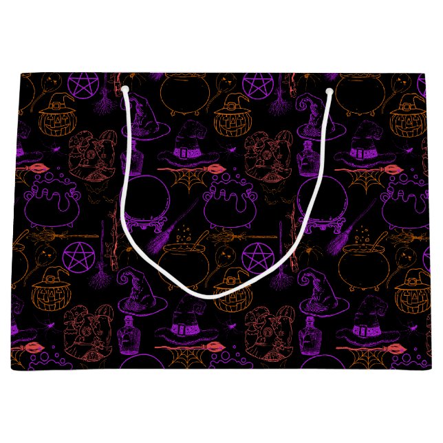 Halloween Witchcraft Pattern Neon 01 Black BG Large Gift Bag (Front)