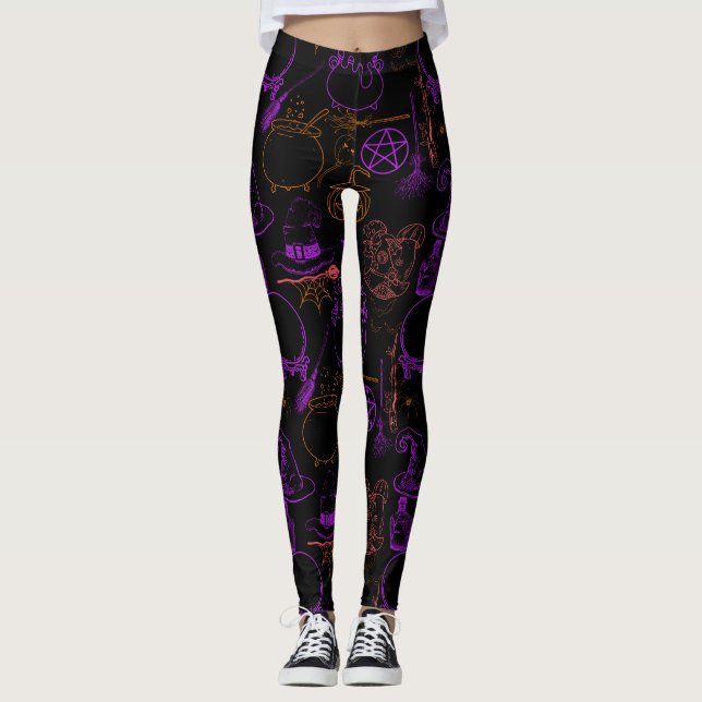 Halloween Witchcraft Pattern Neon 01 Black BG Leggings (Front)