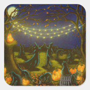 Halloween witches and wizards dance square sticker
