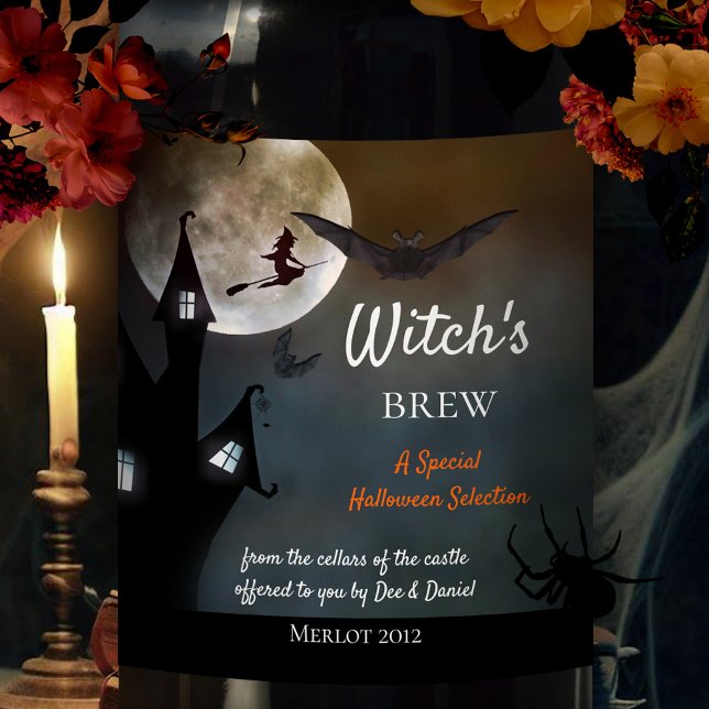 Halloween Witches Brew Wine Label (Halloween wine label featuring a witch flying through the night at full moon - with bat and castle)