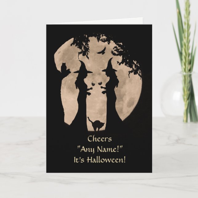 Halloween Witches Drinking Wine Custom Name Front Card (Front)