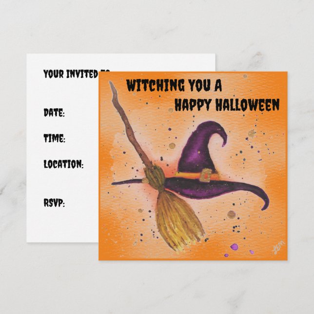 Halloween Witch's Hat and Broom Invitation (Front/Back)