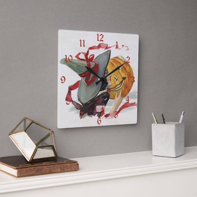 Halloween Witch's Kiss: Magic Jack o Lantern Square Wall Clock (Office)