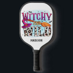 Halloween Witchy And Wild Witch Broom Name Pickleball Paddle<br><div class="desc">Halloween Witchy And Wild Witch Broom Typography Personalised NameT-Shirt features the text "Witchy and wild" in fun modern typography. Personalise with your name by editing the text in the text box provided. Perfect gifts for birthday or Halloween parties. Designed by © Evco Holidays at www.zazzle.com/store/evcoholidays</div>