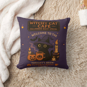 Halloween Witchy Cat Café Pillow – Spooky Cute