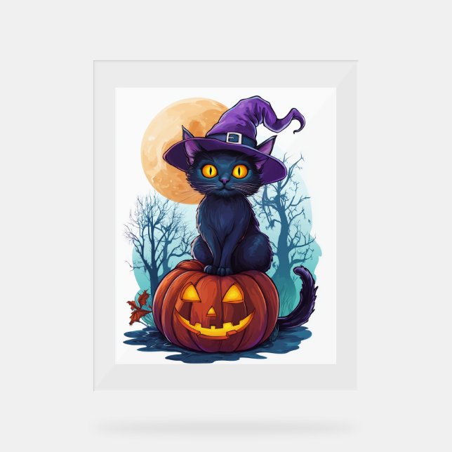 Halloween Witchy Cat on a Pumpkin Acrylic Sign (Front)