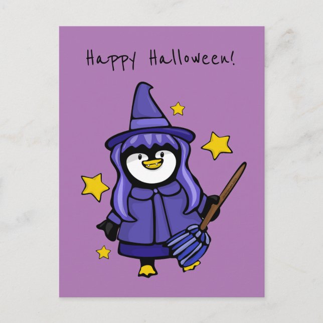 Halloween Witchy Penguin Holiday Postcard (Front)