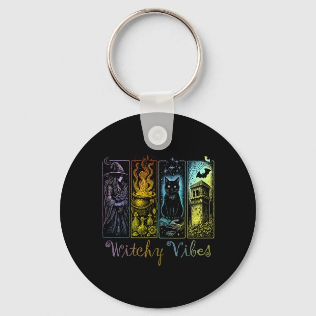 Halloween Witchy Vibes Witch Black Cat Cauldron Key Ring (Front)