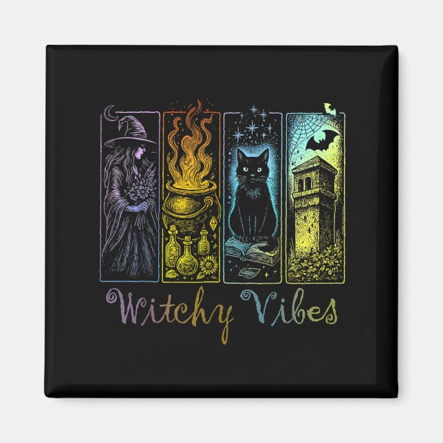 Halloween Witchy Vibes Witch Black Cat Cauldron Magnet (Front)