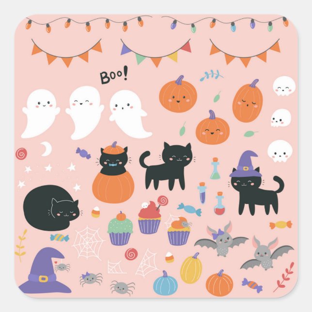Halloween with cartoon characters kids square sticker (Front)