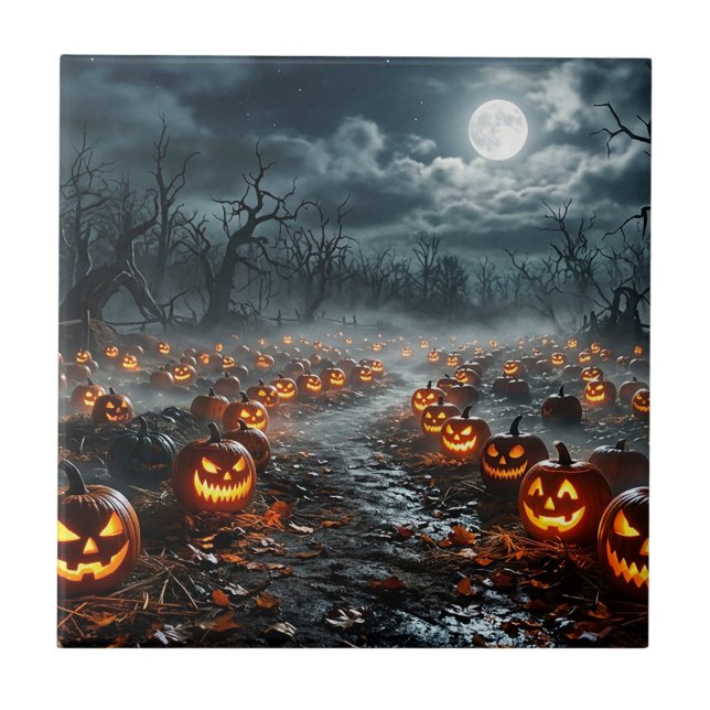 Halloween with Creepy Trees and Jack O Lanterns Ceramic Tile (Front)