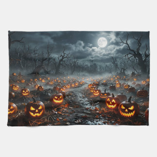 Halloween with Creepy Trees and Jack O Lanterns Tea Towel