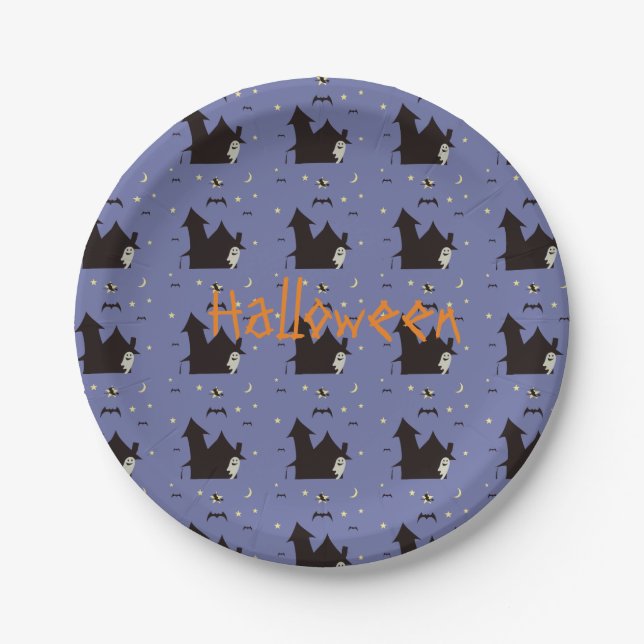 Halloween with ghosts witches and bats paper plate (Front)