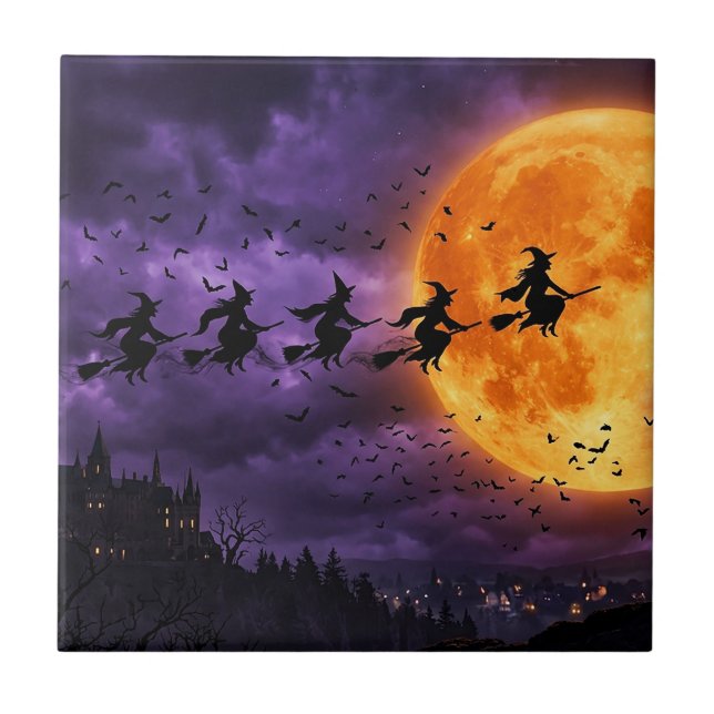 Halloween with Moon and Witch Ceramic Tile (Front)