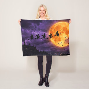 Halloween with Moon and Witch Fleece Blanket
