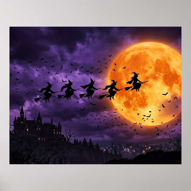 Halloween with Moon and Witch Poster (Front)