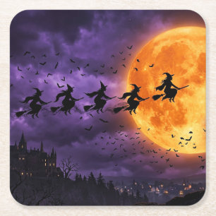 Halloween with Moon and Witch Square Paper Coaster