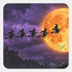 Halloween with Moon and Witch Square Sticker