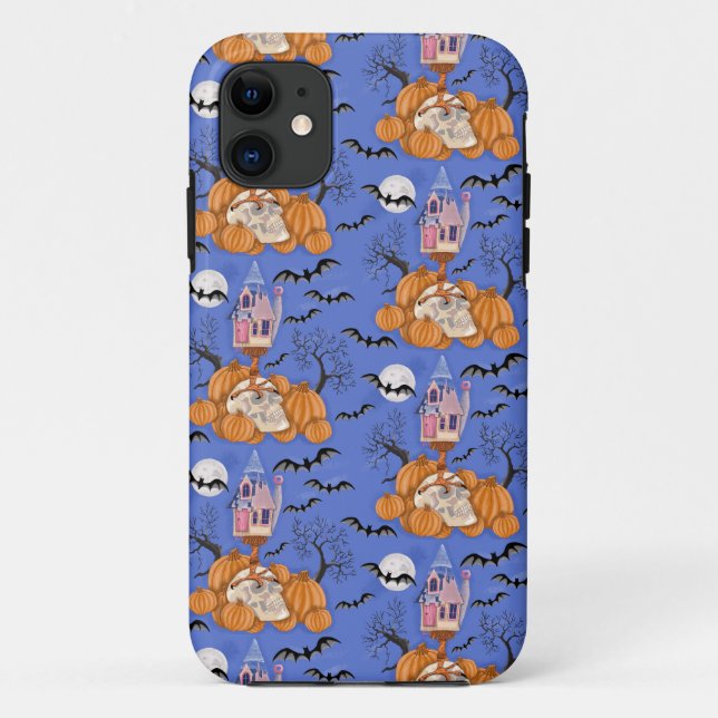 Halloween with pumpkins, bats, skull, iphone case (Back)