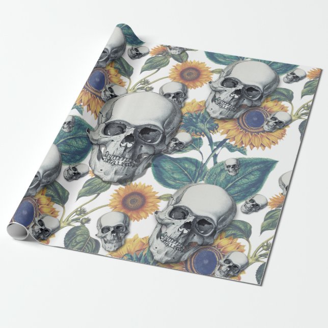 Halloween With Skulls And Sunflowers Pattern Wrapping Paper (Unrolled)