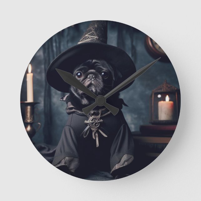 Halloween Wizard Black Pug Round Clock (Front)