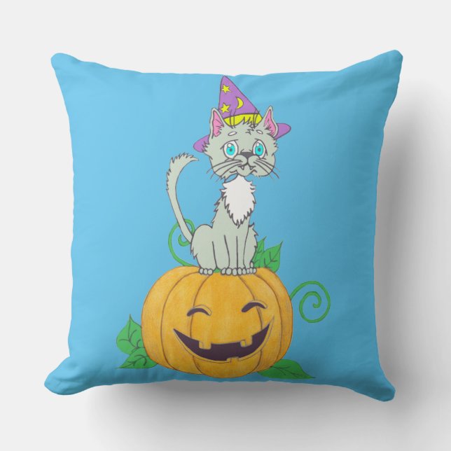 Halloween Wizard Cat on Pumpkin Cushion (Front)
