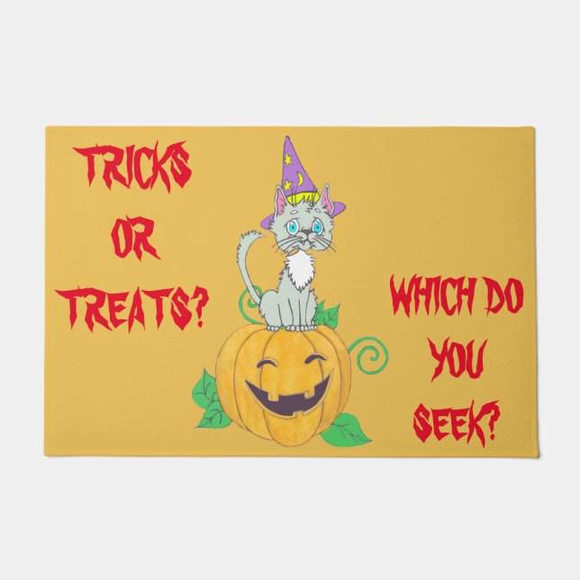 Halloween Wizard Cat on Pumpkin Doormat (Front)
