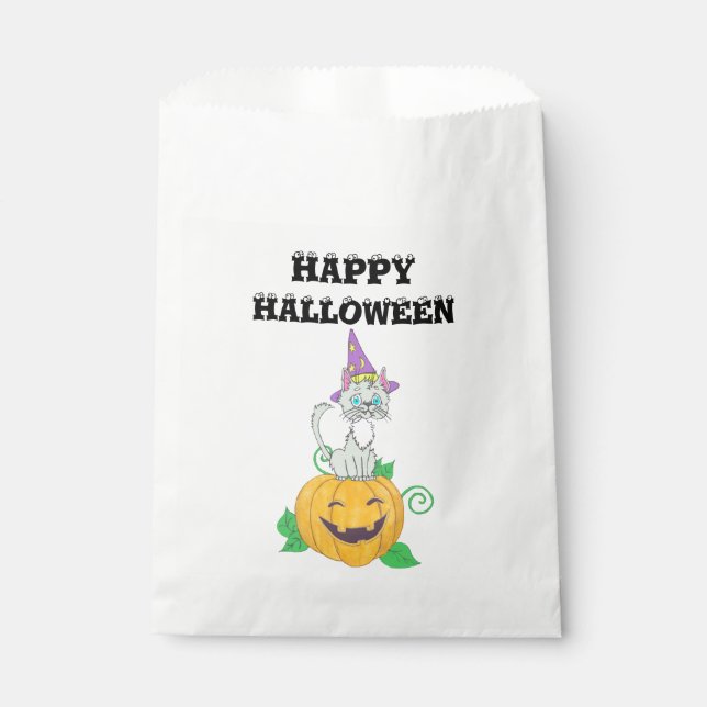 Halloween Wizard Cat on Pumpkin Favour Bag (Front)