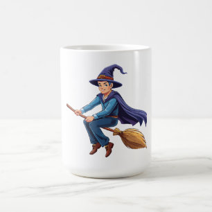 Halloween wizard flying on magic broom coffee mug