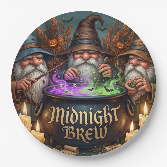 Halloween Wizard Gnomes Midnight Brew Cauldron Paper Plate (Front)