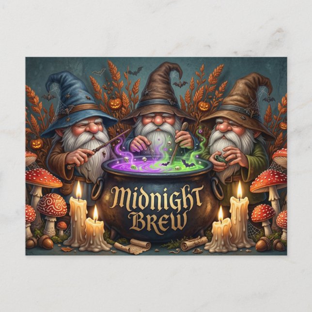 Halloween Wizard Gnomes Midnight Brew Cauldron Postcard (Front)