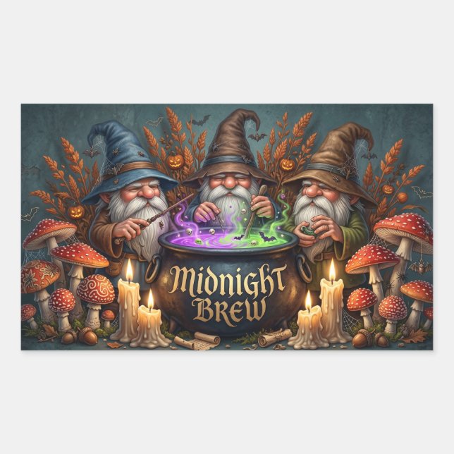 Halloween Wizard Gnomes Midnight Brew Cauldron Rectangular Sticker (Front)