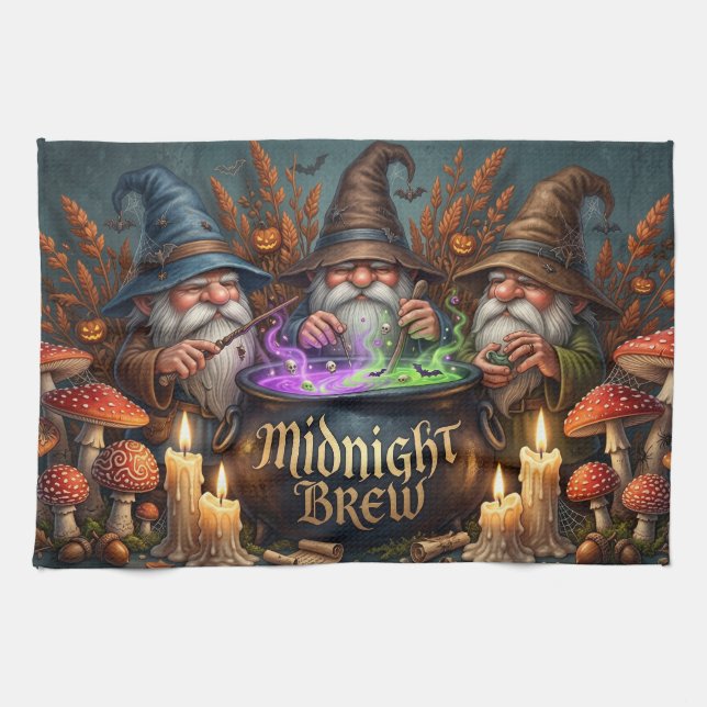 Halloween Wizard Gnomes Midnight Brew Cauldron Tea Towel (Horizontal)