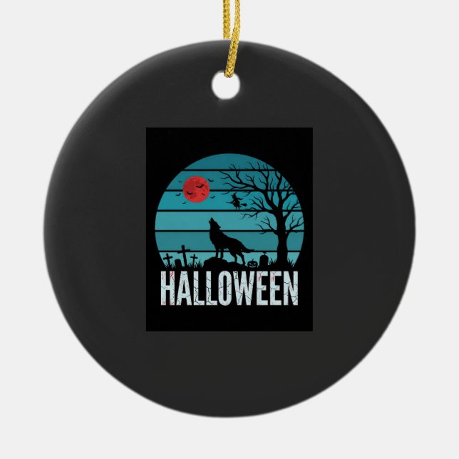Halloween Wolf Graveyard Moon Vector Ceramic Ornament (Front)