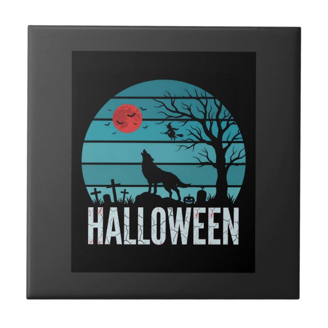Halloween Wolf Graveyard Moon Vector Ceramic Tile (Front)