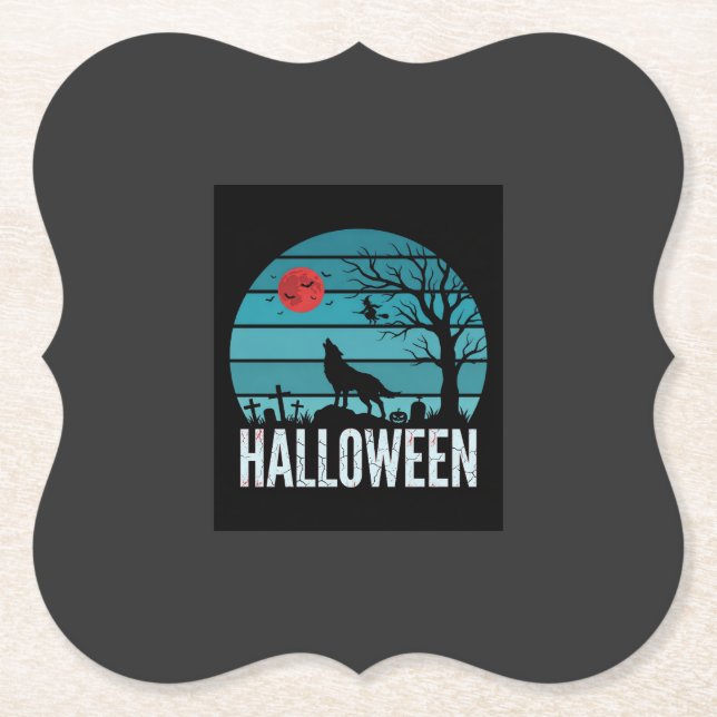 Halloween Wolf Graveyard Moon Vector Paper Coaster (Front)