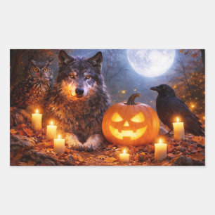 Halloween Wolf Owl and Raven Pumpkins Enchanting Rectangular Sticker