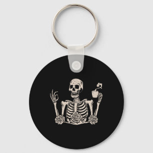 Halloween Women Men Funny Skeleton Drinking Coffee Key Ring