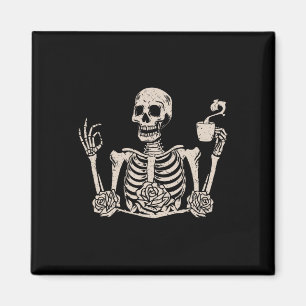 Halloween Women Men Funny Skeleton Drinking Coffee Magnet
