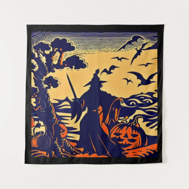 Halloween - Woodcut Style 5 Tapestry (Front)