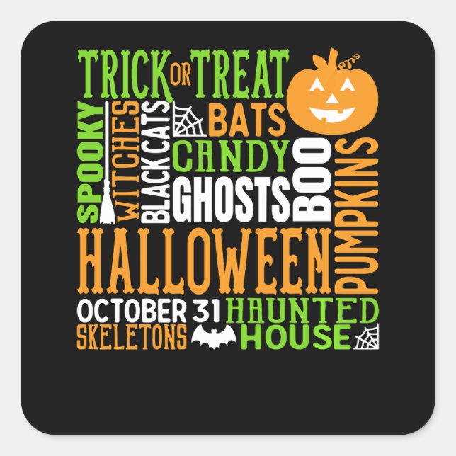 Halloween Word Jumble Colourful Cute Spider Pumpki Square Sticker (Front)