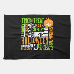 Halloween Word Jumble Colourful Cute Spider Pumpki Tea Towel