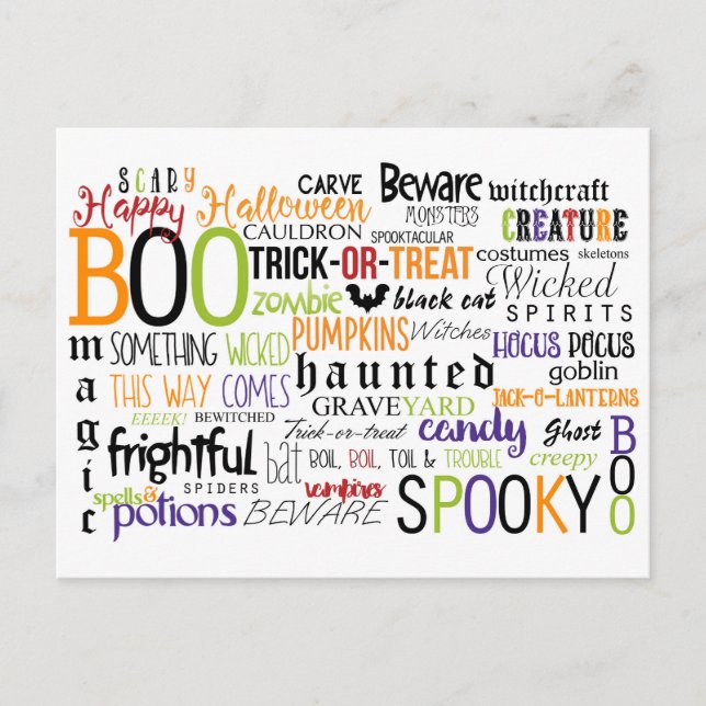 Halloween Words Fun Typography Postcard Card (Front)