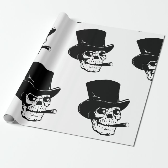HALLOWEEN WRAPPING PAPER SKULL WITH TOP HAT (Unrolled)
